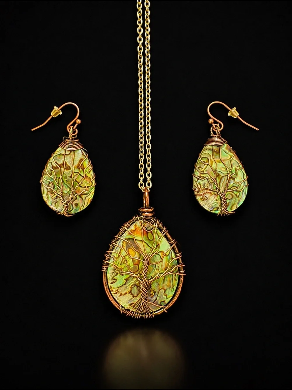 Handcrafted Opalescent Tree of Life Pendant Necklace and Earrings Set